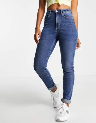 Pieces high waisted slim mom jeans in mid blue wash