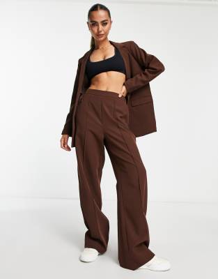 Pieces High Waisted Wide Leg Tailored Pants In Chocolate - Part Of A Set-brown In Brown