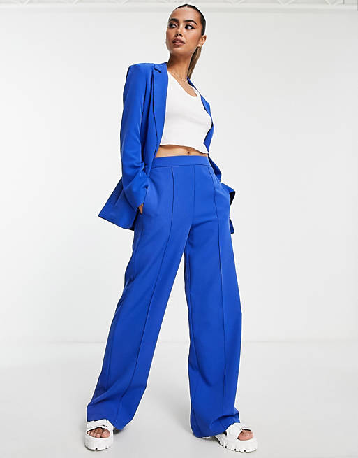 Pieces high waisted wide leg tailored trousers co-ord in blue