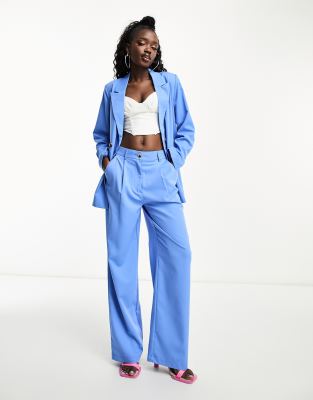Shop Pieces high waisted wide leg tailored trousers co ord in blue Online – Trendy & Affordable Fashion