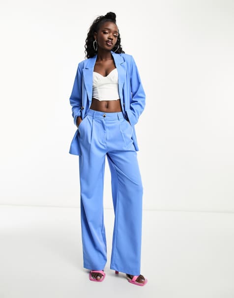 Pieces high waisted wide leg tailored trousers co-ord in blue - view 1