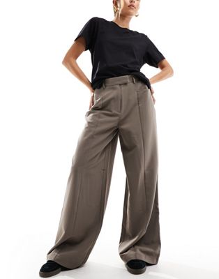 Pieces high waisted wide leg trousers in brown
