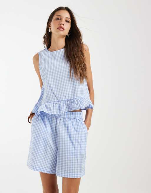 PIECES - Højtaljede shorts med blå og hvide gingham-tern - Del af sæt, 2 af 5
