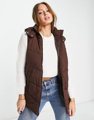Pieces hooded longline gilet in chocolate