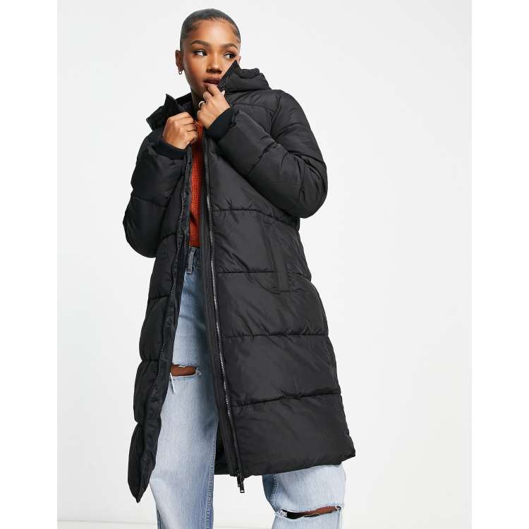 Pieces hooded longline padded coat in black