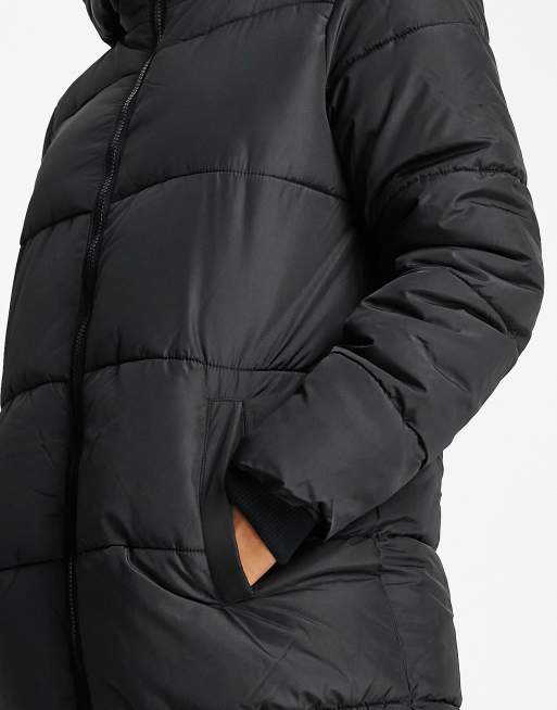 Pieces hooded longline padded coat in black