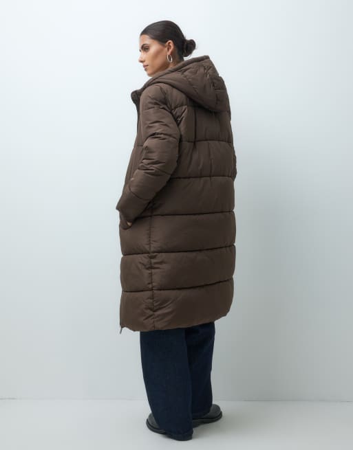Pieces hooded longline padded coat in chocolate brown, 3 of 4