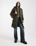 [Pieces] Pieces hooded longline padded coat in deep khaki-Green XS Forest Night