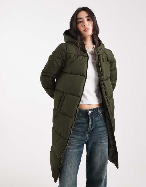 Pieces hooded longline padded coat in deep khaki