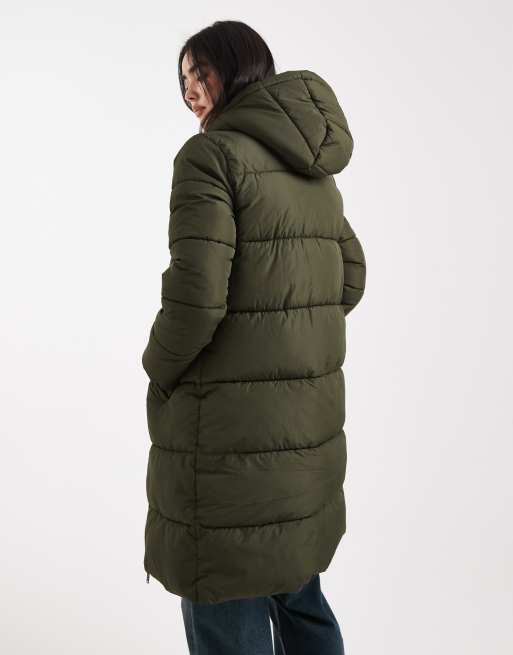 Pieces hooded longline padded coat in deep khaki