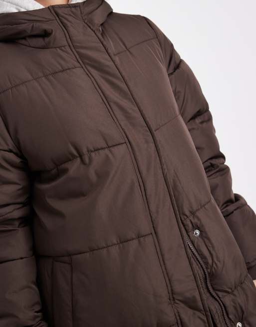 Pieces hooded maxi padded coat in chocolate brown ASOS