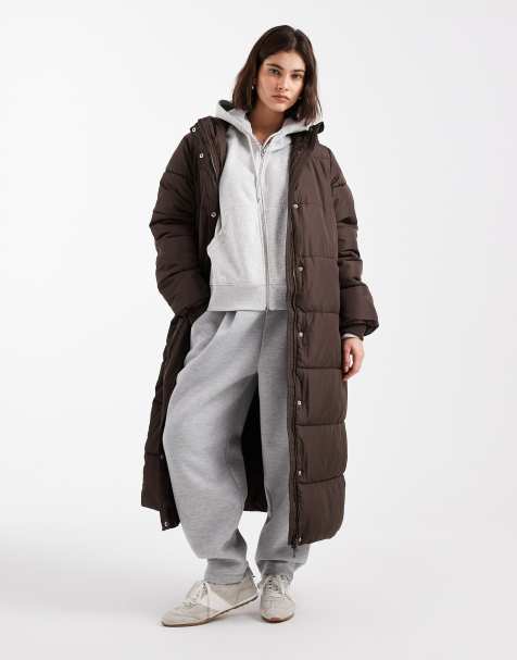 Pieces hooded padded maxi coat in chocolate brown - view 1
