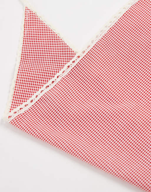 Pieces - Hoofddoek met kanten rand en gingham ruit in rood en wit, 2 van 3