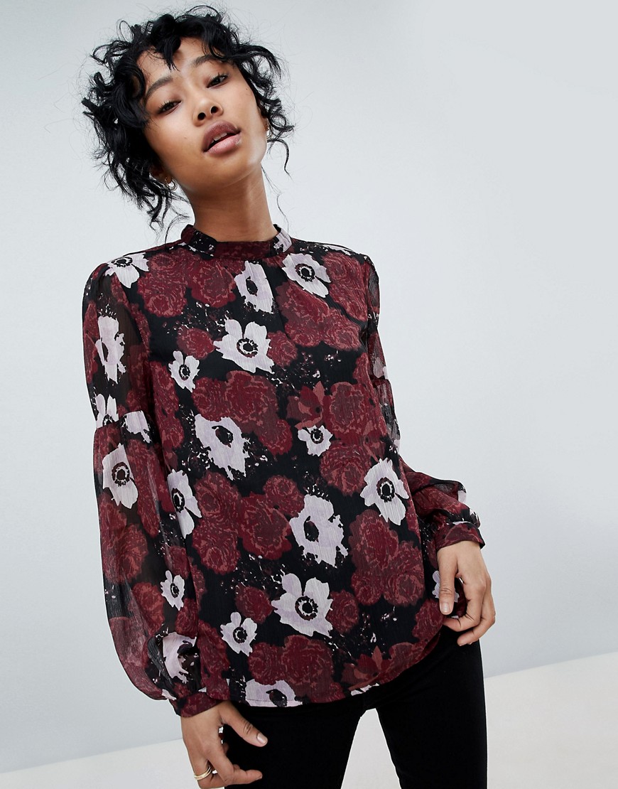 Pieces - Hoogsluitende blouse met bloemenprint-Rood