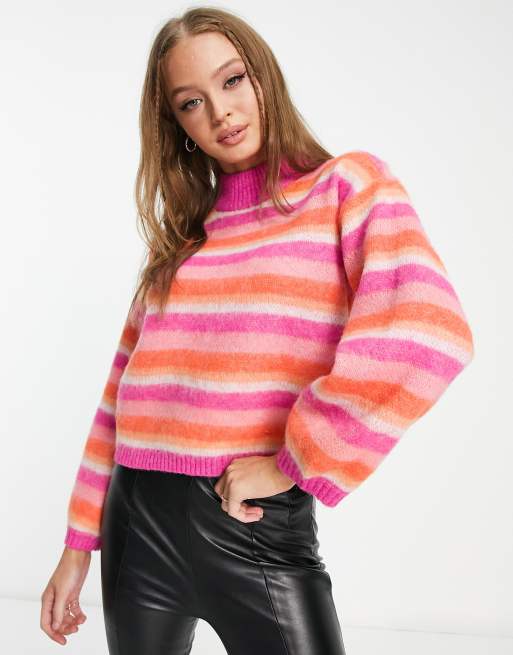 Pieces - Hoogsluitende trui met roze en oranje strepen