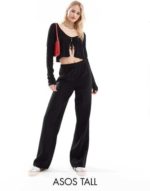 Pieces – Hose aus Leinenimitat in Schwarz mit weitem Bein