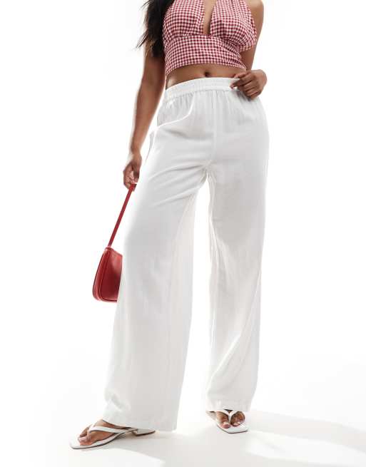 Pieces – Hose in Weiß mit weitem Bein und Leinenhaptik 