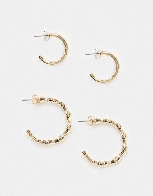 Pieces huggy and bamboo hoop earrings 2 pack in gold