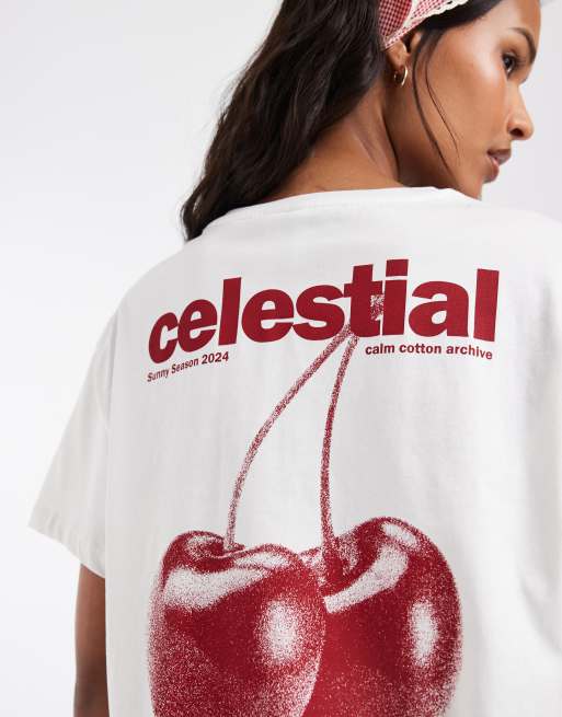 PIECES - Hvid oversized T-shirt med "Celestial"/kirsebærgrafik, 4 af 4
