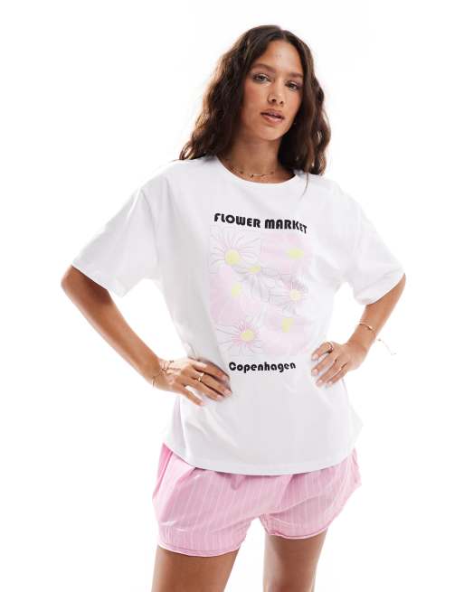 Pieces - Hvid oversized T-shirt med "Copenhagen Flower Market"-broderi, 2 af 4