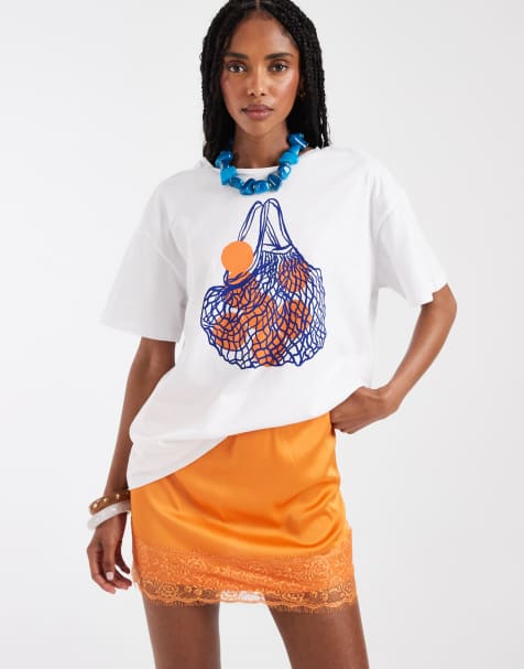 Pieces - Hvid oversized T-shirt med grafik med indkøbsnet-print - view 1