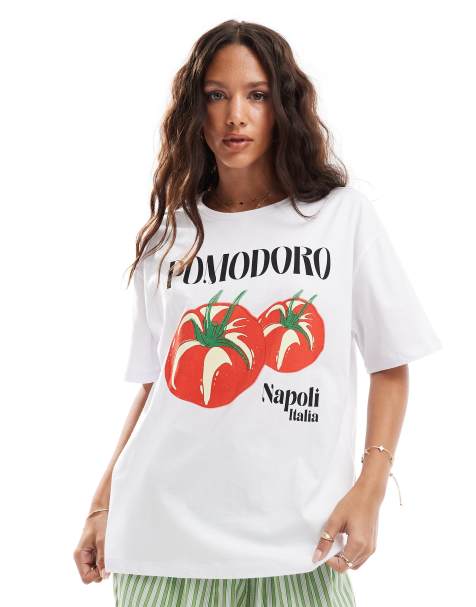 Pieces - Hvid oversized T-shirt med "Pomodoro"-grafik - view 1