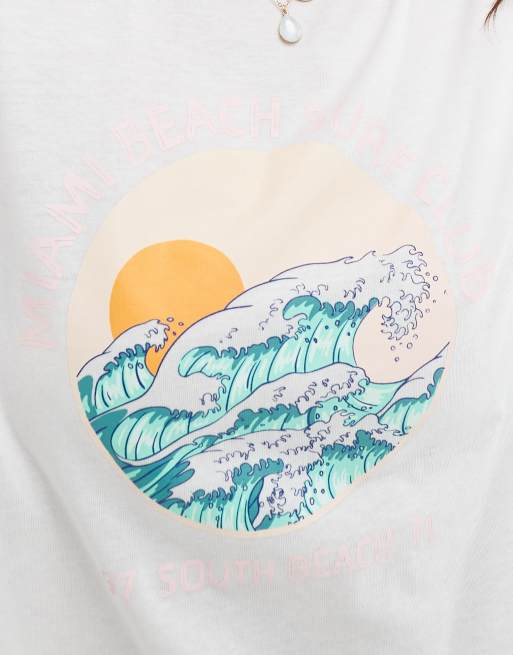Pieces - Hvid T-shirt med 'Miami Beach Surf Club'-print foran, 2 af 4