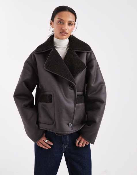 Pieces – Jacke in Schokobraun mit Lammfellimitat - view 1