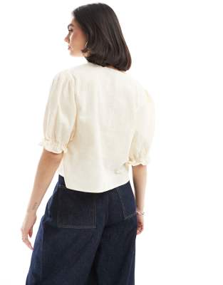 PIECES JACQUARD DETAIL TIE FRONT PUFF SLEEVE TOP 