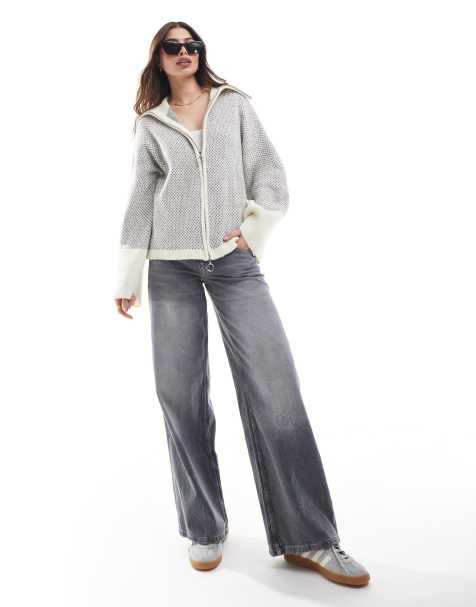 Pieces jacquard zip through cardigan with wide sleeves in cream and grey mix - view 1