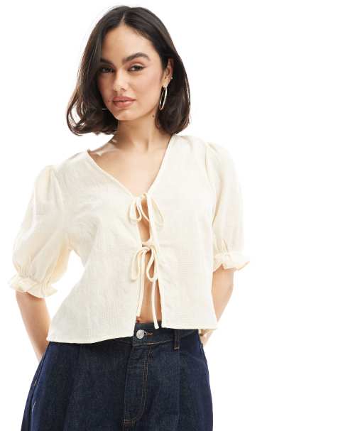 Pieces jaquard detail tie front puff sleeve top in cream - view 1
