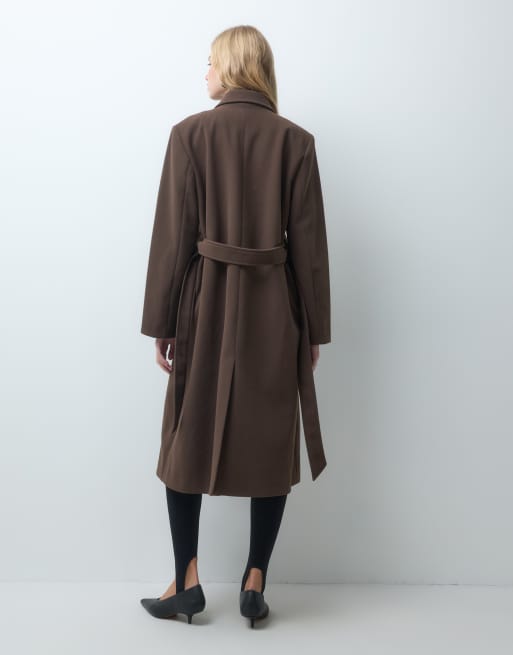 Pieces jas in wollook met strikceintuur en lange pasvorm in bruin, 4 van 4