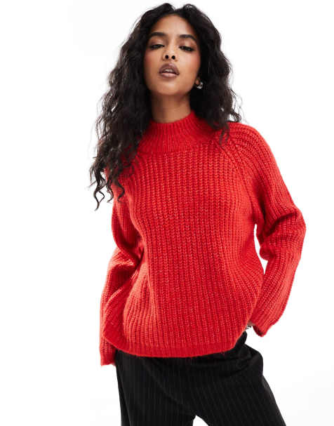 Pieces high neck jumper with wide sleeves in bittersweet red