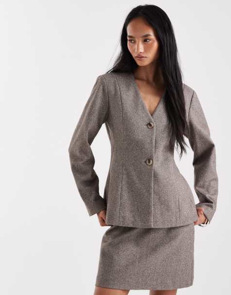 Pieces cinched waist textured tailored blazer co-ord in light brown