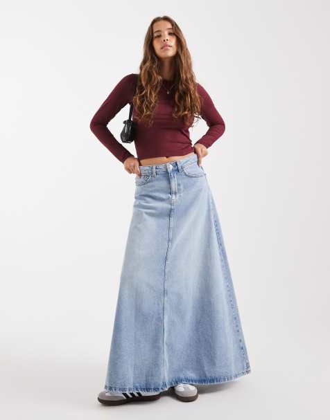 Pieces denim maxi skirt in light blue