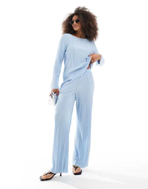 Pieces plisse wide leg trouser co-ord in light blue
