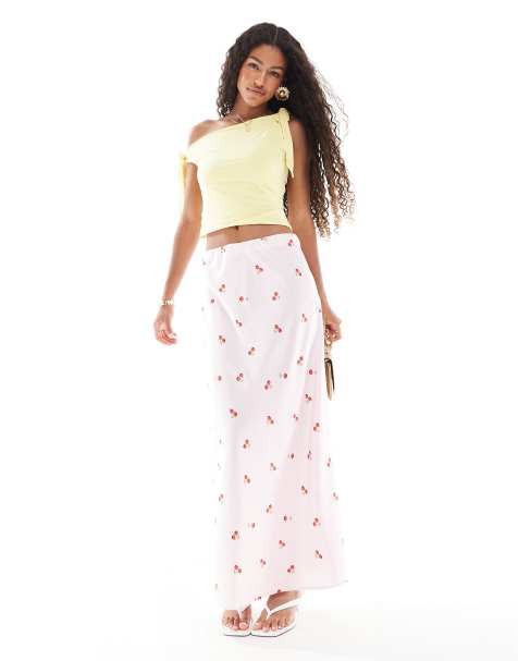 Pieces cherry print maxi skirt in light pink
