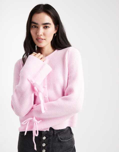 Pieces knitted cardigan with pearl buttons and bow tie cuffs in light pink