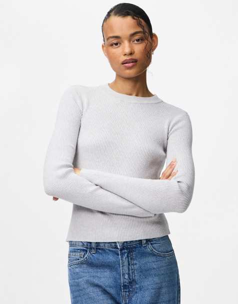 Pieces Knitted pullover in light grey melange