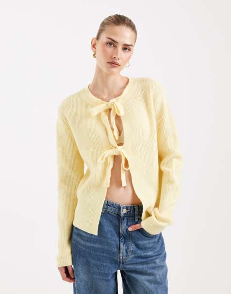 Pieces reversable tie front cardigan in pale yellow