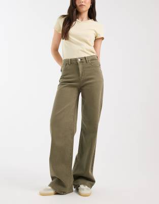 Jean ample à taille mi-haute - Vert olive délavé-Neutre W33 L32