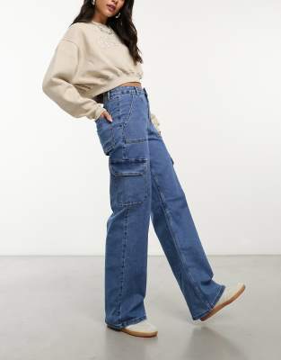 Pieces cargo style jeans in mid blue - ASOS Price Checker