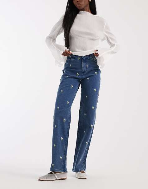 Pieces - Jeans dritti blu medio con fiori ricamati - view 1