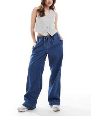 Pieces - Jeans in dunkelblauer Waschung mit Tunnelzug-Bund und weitem Bein-Marineblau
