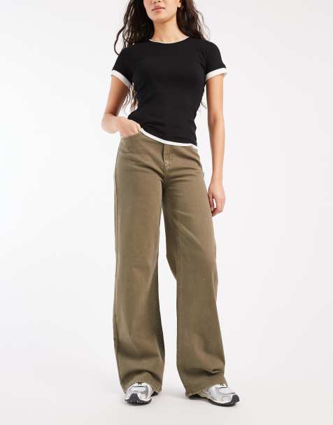 Pieces – Jeans in verwaschenem Olivgrün mit mittelhohem Bund und weitem Bein - view 1