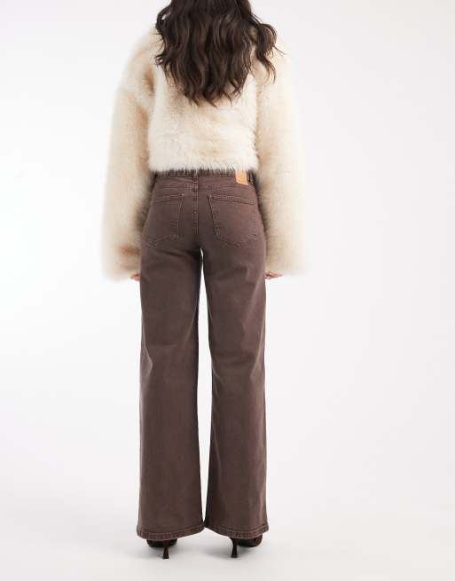 Pieces - Jeans met wijde pijpen en halfhoge taille in bruin met wassing, 3 van 5