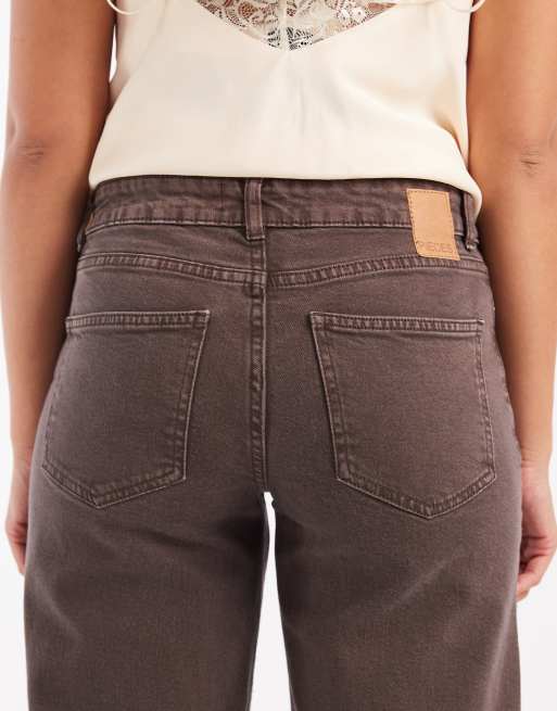 Pieces - Jeans met wijde pijpen en halfhoge taille in bruin met wassing, 5 van 5
