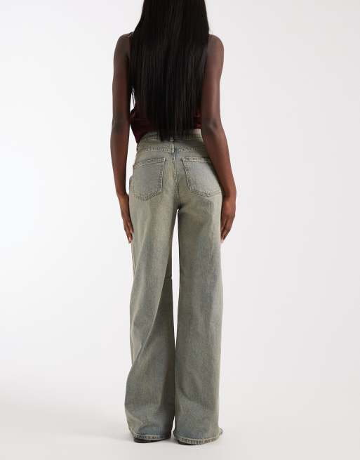 Pieces - Jeans met wijde pijpen in middenblauw met bruine wassing, 2 van 5