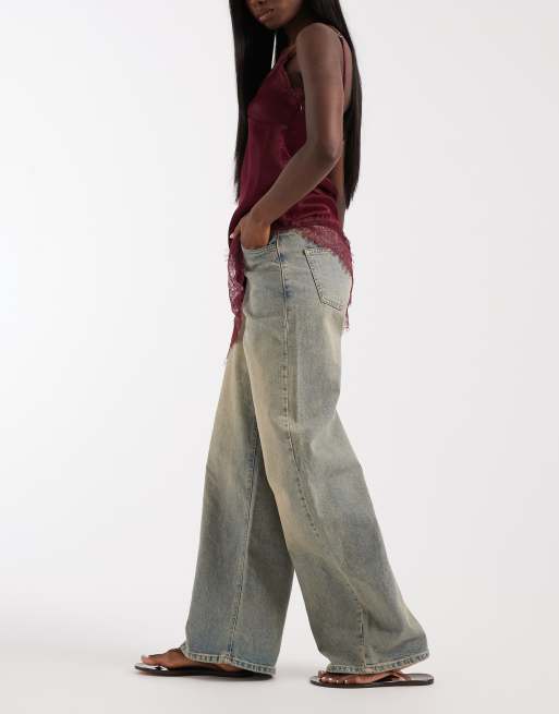 Pieces - Jeans met wijde pijpen in middenblauw met bruine wassing, 3 van 5