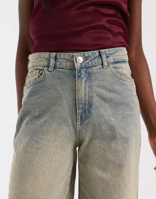 Pieces - Jeans met wijde pijpen in middenblauw met bruine wassing, 4 van 5